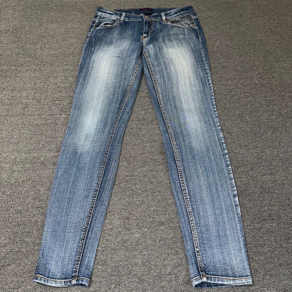 VTG Y2K Material Girl Studded Skinny Jean Medium Wash Blue Denim Low Rise Size 7